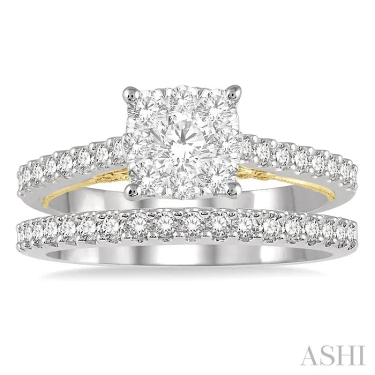 1 ctw Lovebright Diamond Wedding Set With 3/4 ctw Cushion Shape Engagement Ring in 14K White and Yellow Gold and 1/4 ctw Wedding Band in 14K Wh