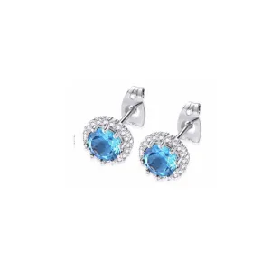 10k White Gold Plated 1/2 Ct Created Halo Round Blue Topaz Stud Earrings