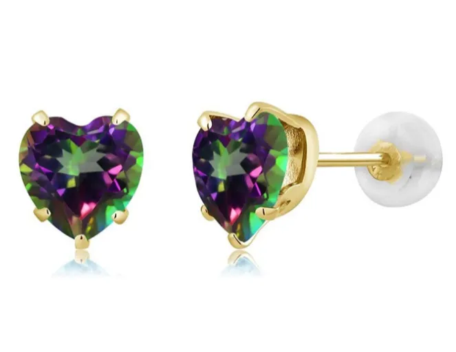 10k Yellow Gold 2 Carat Heart Created Mystic Topaz Stud Earrings Gold Plated