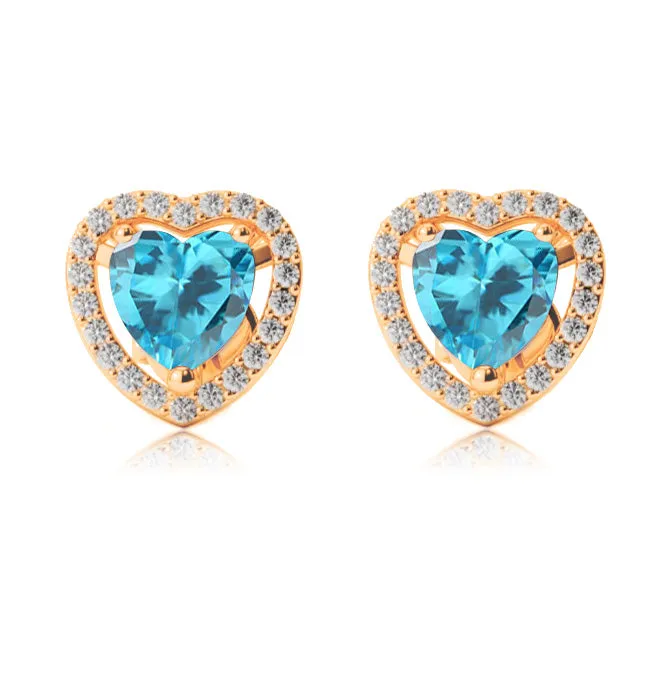 10k Yellow Gold Plated 3 Ct Created Halo Heart Blue Topaz Stud Earrings