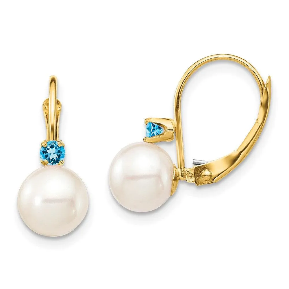 14K 7-7.5mm White Round FWC Pearl Swiss Blue Topaz Leverback Earrings