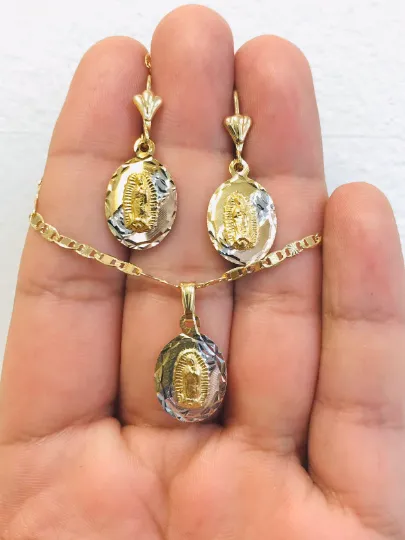 14K Gold Filled Necklace Set Virgen de Guadalupe Earrings 20x13mm / Guadalupe Necklace Pendant / Cadena y Dije de Guadalupe