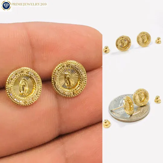 14K Gold Filled Virgen de Guadalupe Earrings Screw Back CZ Stones 10x10mm / Women's Earrings / Aretes de Guadalupe en Oro Laminado Para Mujer