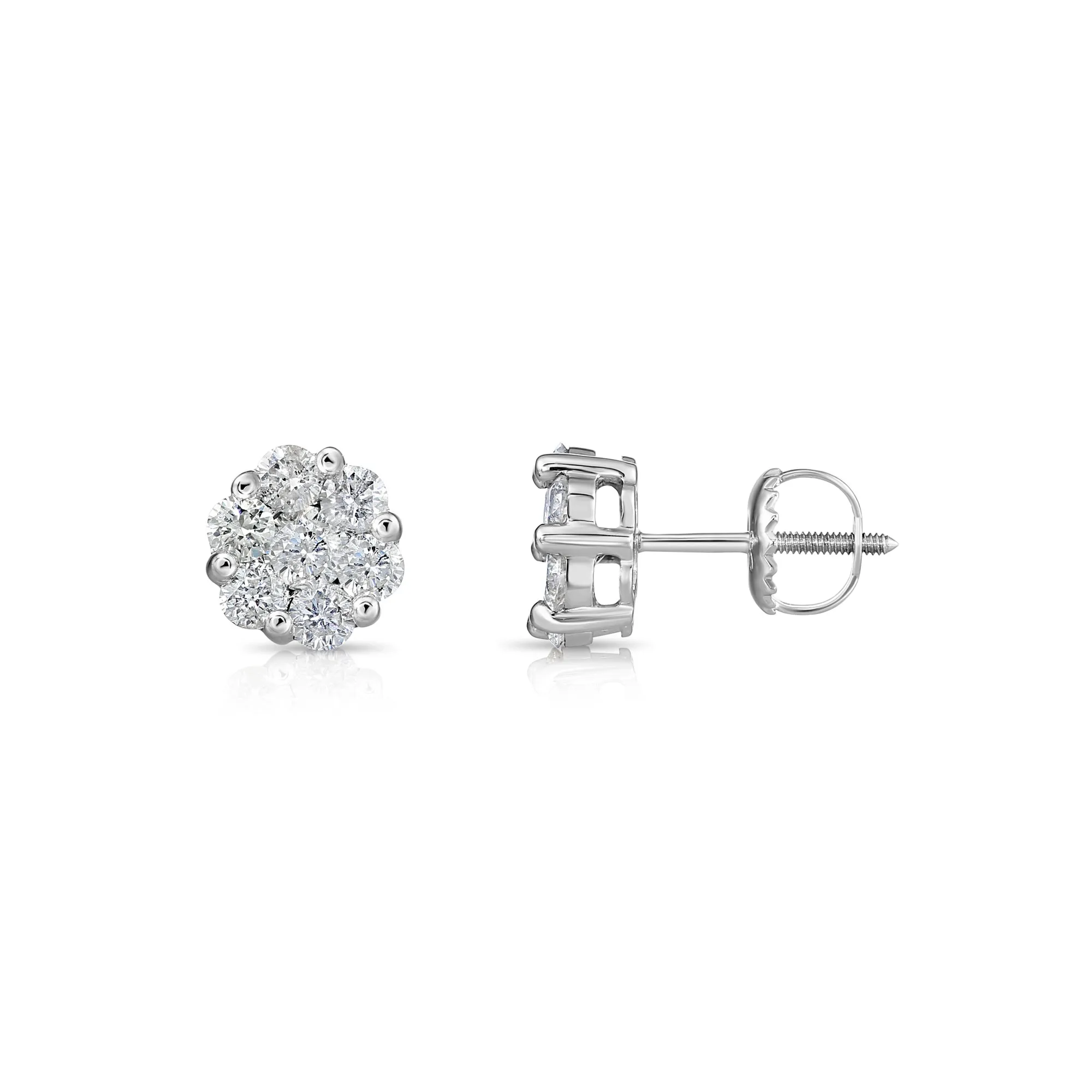 14K White Gold Diamond Cluster Stud Earring with Screw-Back, 0.75 carats