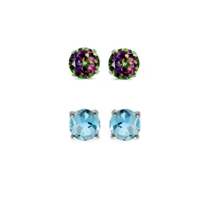 14k White Gold Plated 2Ct Created Mystic Topaz and  Blue Topaz 2 Pair Round Stud Earrings