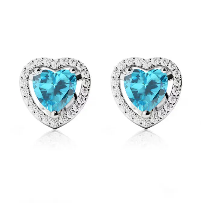 14k White Gold Plated 3 Ct Created Halo Heart Blue Topaz Stud Earrings