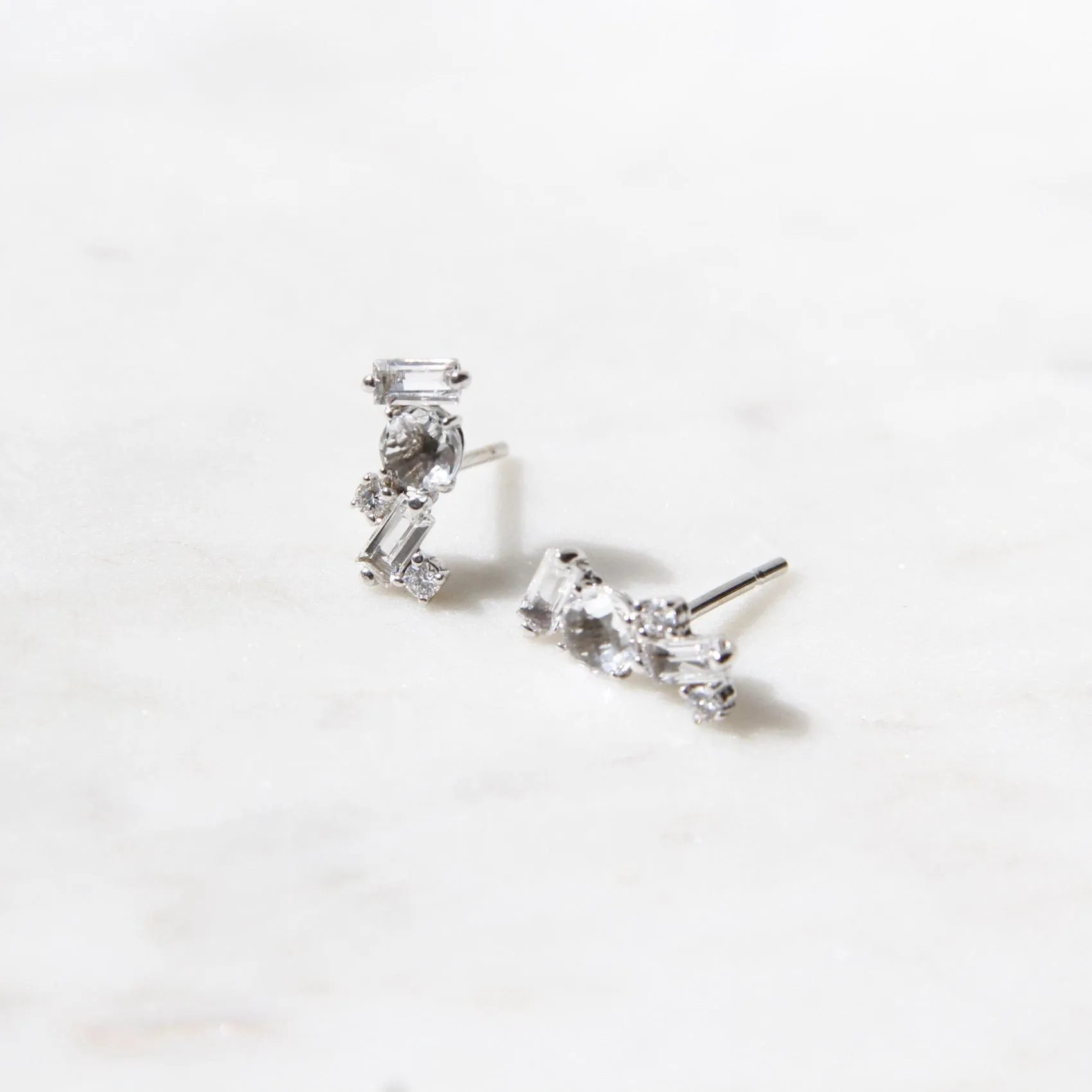 14k White Gold White Topaz Scattered Baguette Bar Earrings