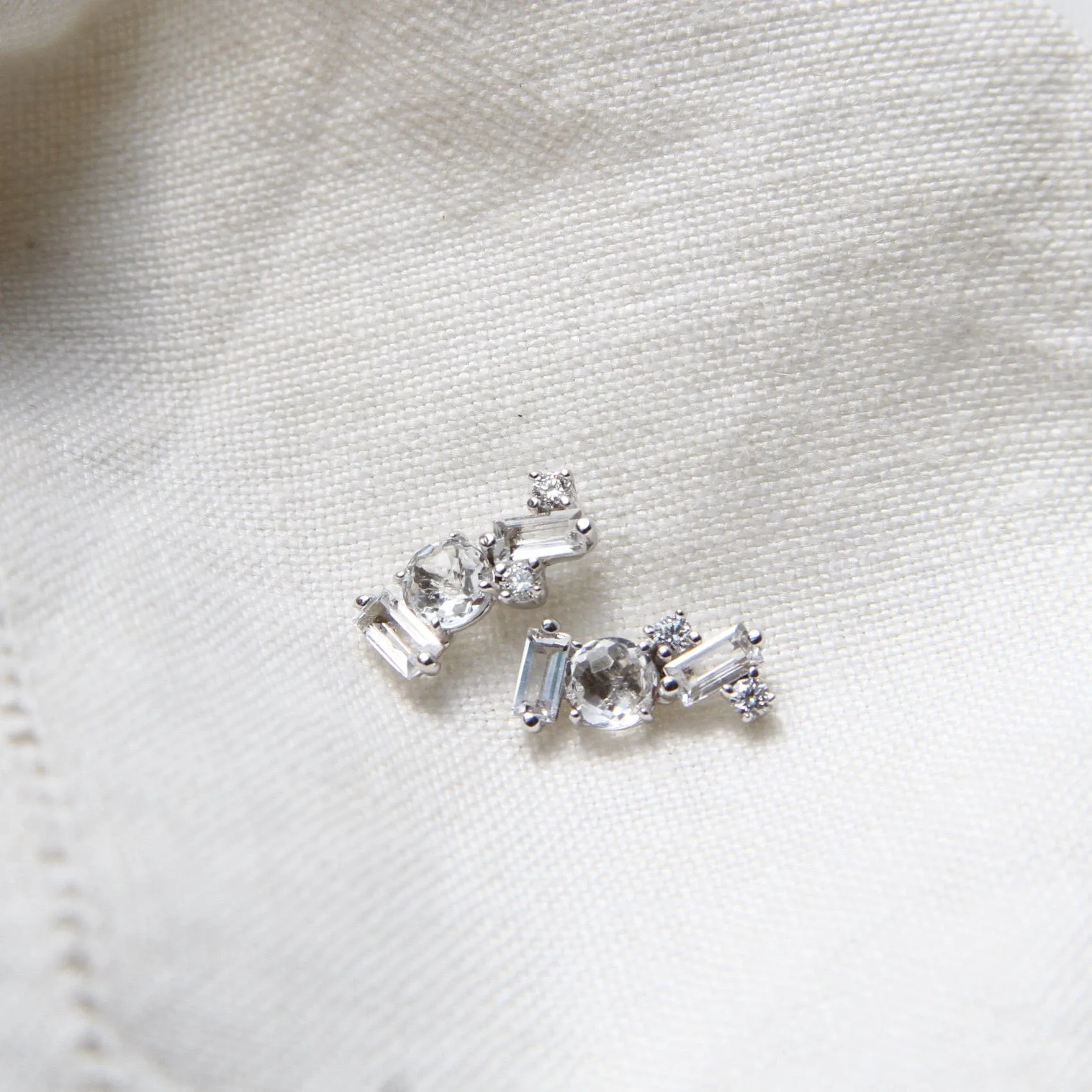 14k White Gold White Topaz Scattered Baguette Bar Earrings