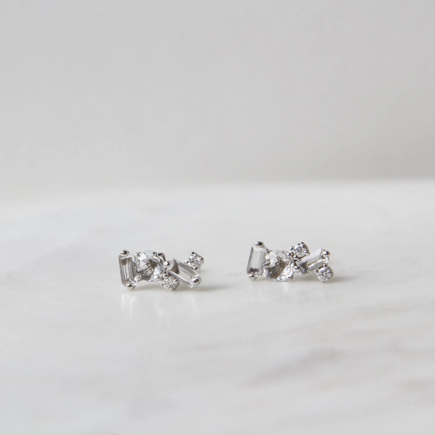 14k White Gold White Topaz Scattered Baguette Bar Earrings