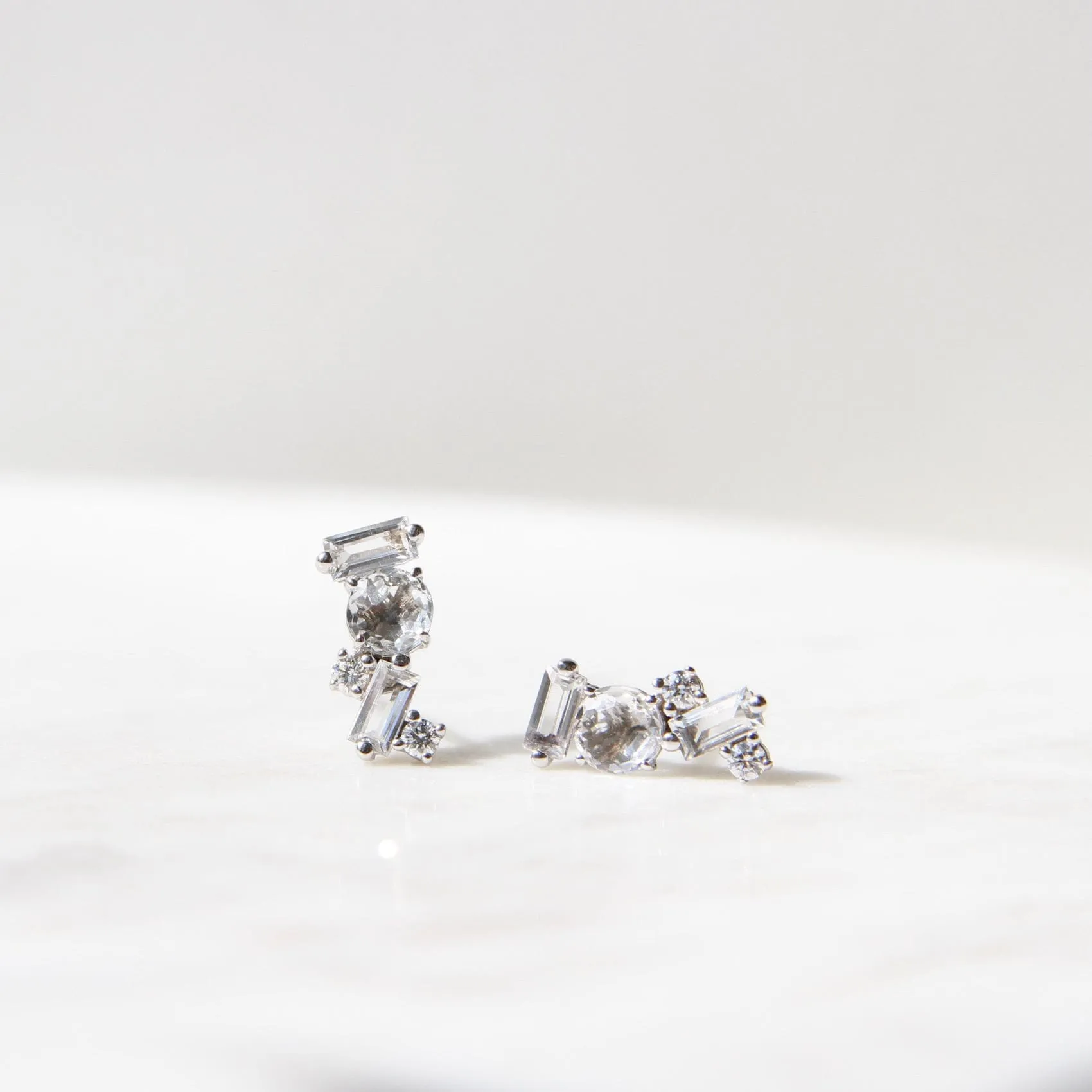 14k White Gold White Topaz Scattered Baguette Bar Earrings