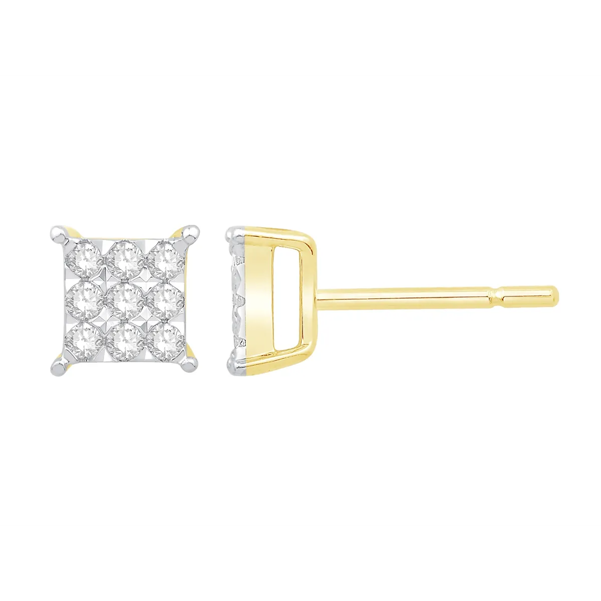 14K Yellow Gold Cluster Square Design Diamond Earrings with White Gold Head