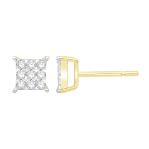 14K Yellow Gold Cluster Square Design Diamond Earrings with White Gold Head