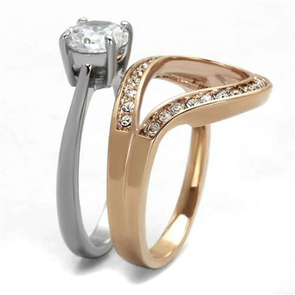 1.6 Ct Cz Rose Gold I.P. Stainless Steel 2 Piece Wedding Ring Set Womens Sz 5-10