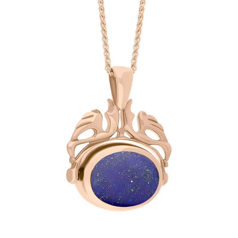 18ct Rose Gold Whitby Jet Lapis Lazuli Double Sided Oval Swivel Fob Necklace