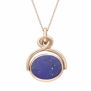 18ct Rose Gold Whitby Jet Lapis Lazuli Oval Swivel Fob Necklace