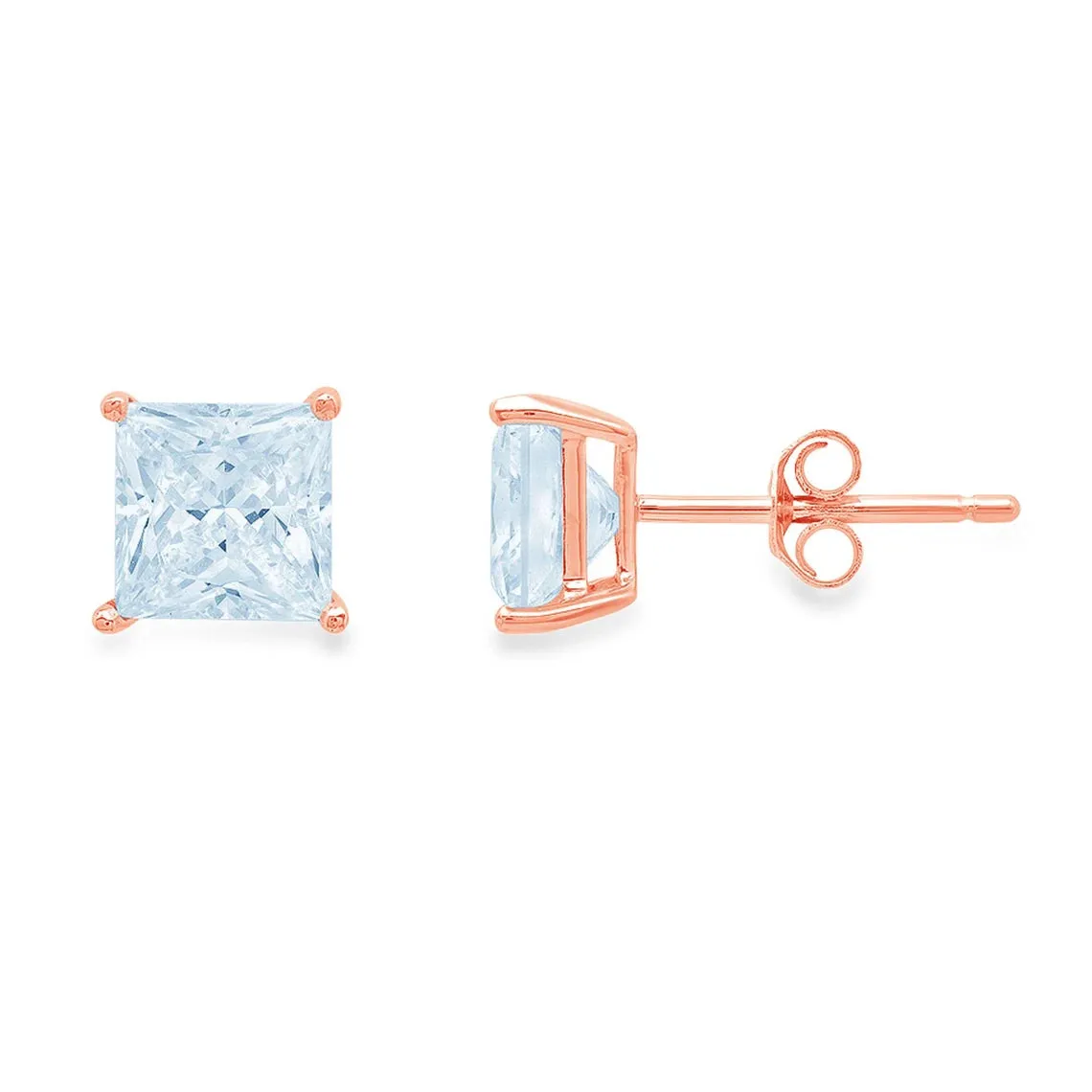 18k Rose Gold 1/4 Ct Blue Topaz Princess Cut Stud Earrings 4mm Plated