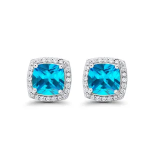 18k White Gold Plated 1/2 Ct Created Halo Princess Cut Blue Topaz Stud Earrings