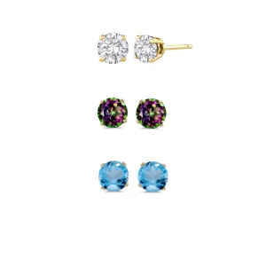 18k Yellow Gold Plated 4Ct Created White Sapphire, Mystic Topaz and Blue Topaz 3 Pair Round Stud Earrings