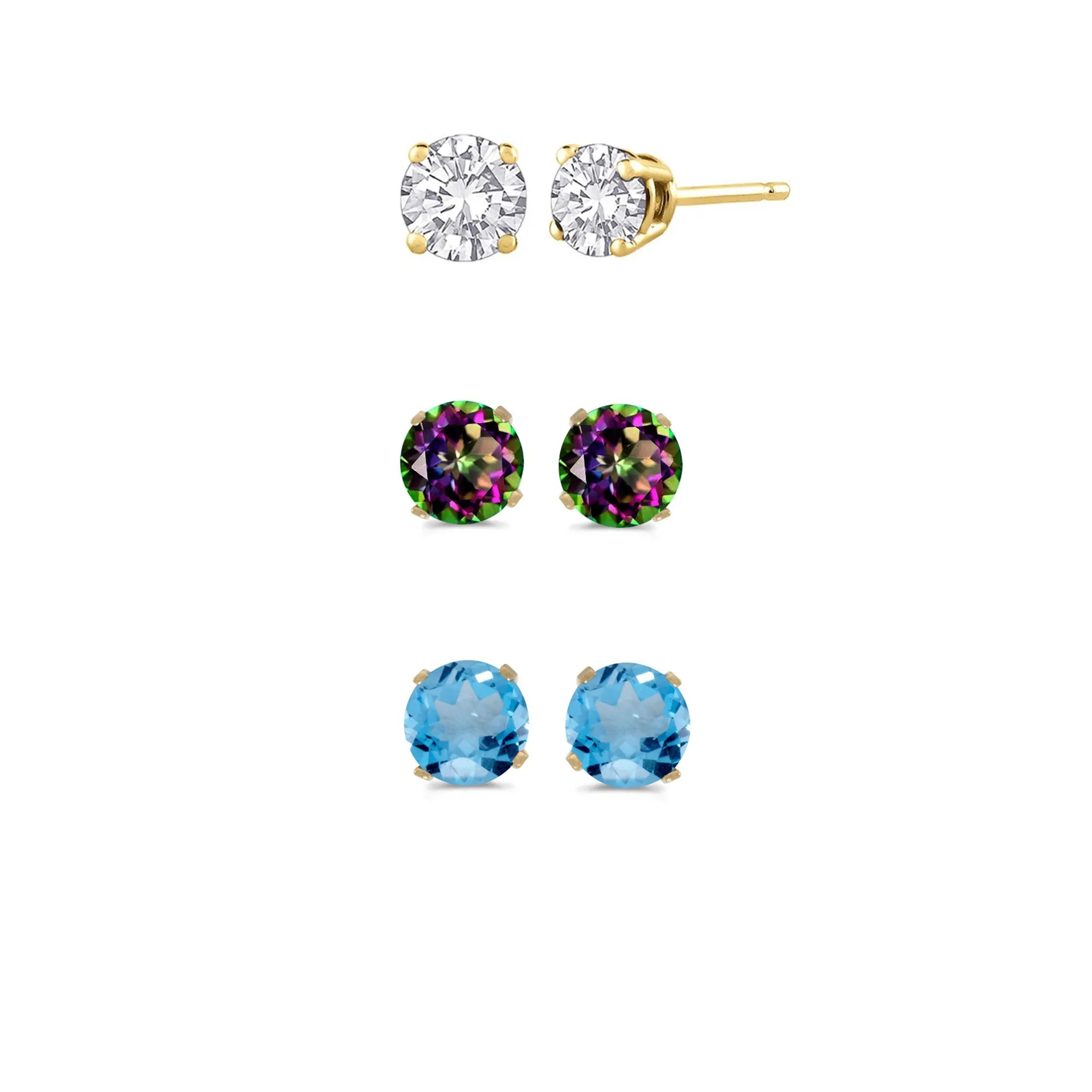 18k Yellow Gold Plated 4Ct Created White Sapphire, Mystic Topaz and Blue Topaz 3 Pair Round Stud Earrings