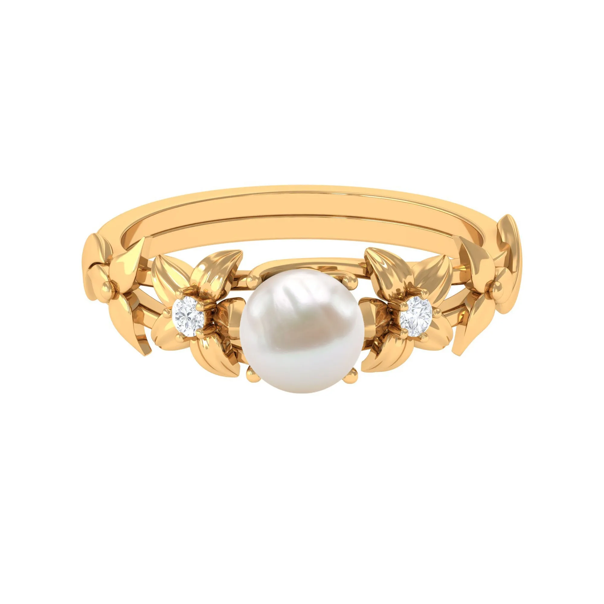 2.25 CT Freshwater Pearl Flower Band Ring with Diamond