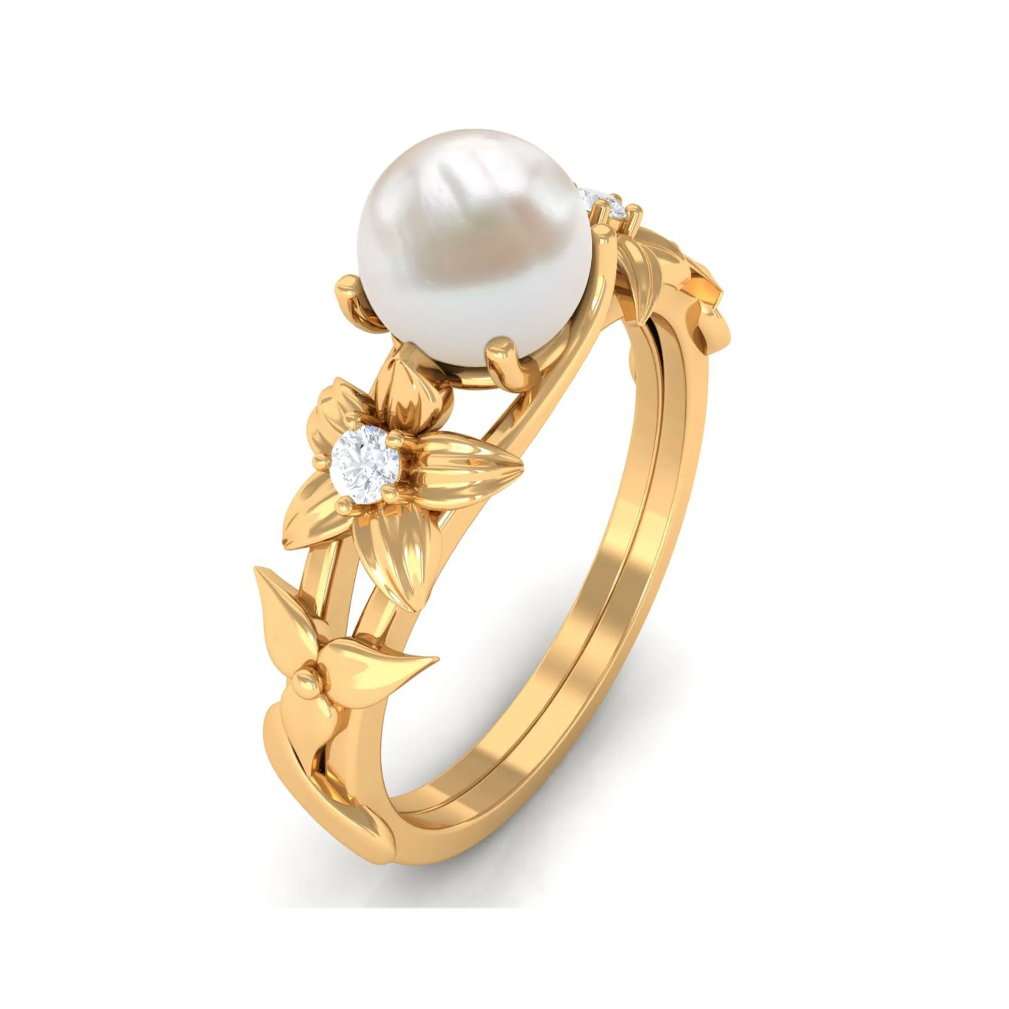 2.25 CT Freshwater Pearl Flower Band Ring with Diamond