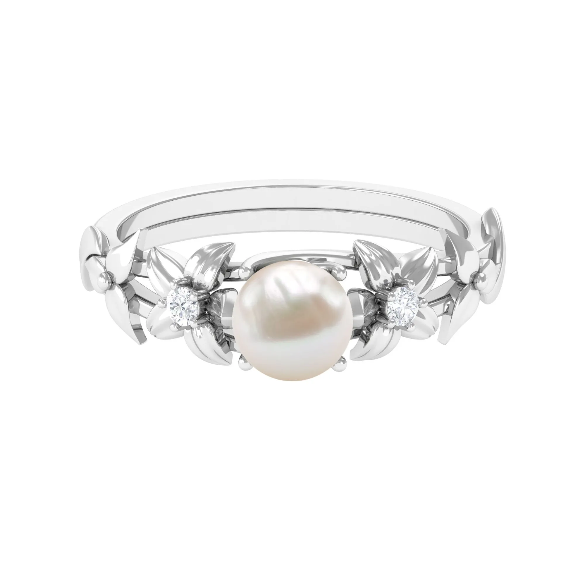 2.25 CT Freshwater Pearl Flower Band Ring with Diamond