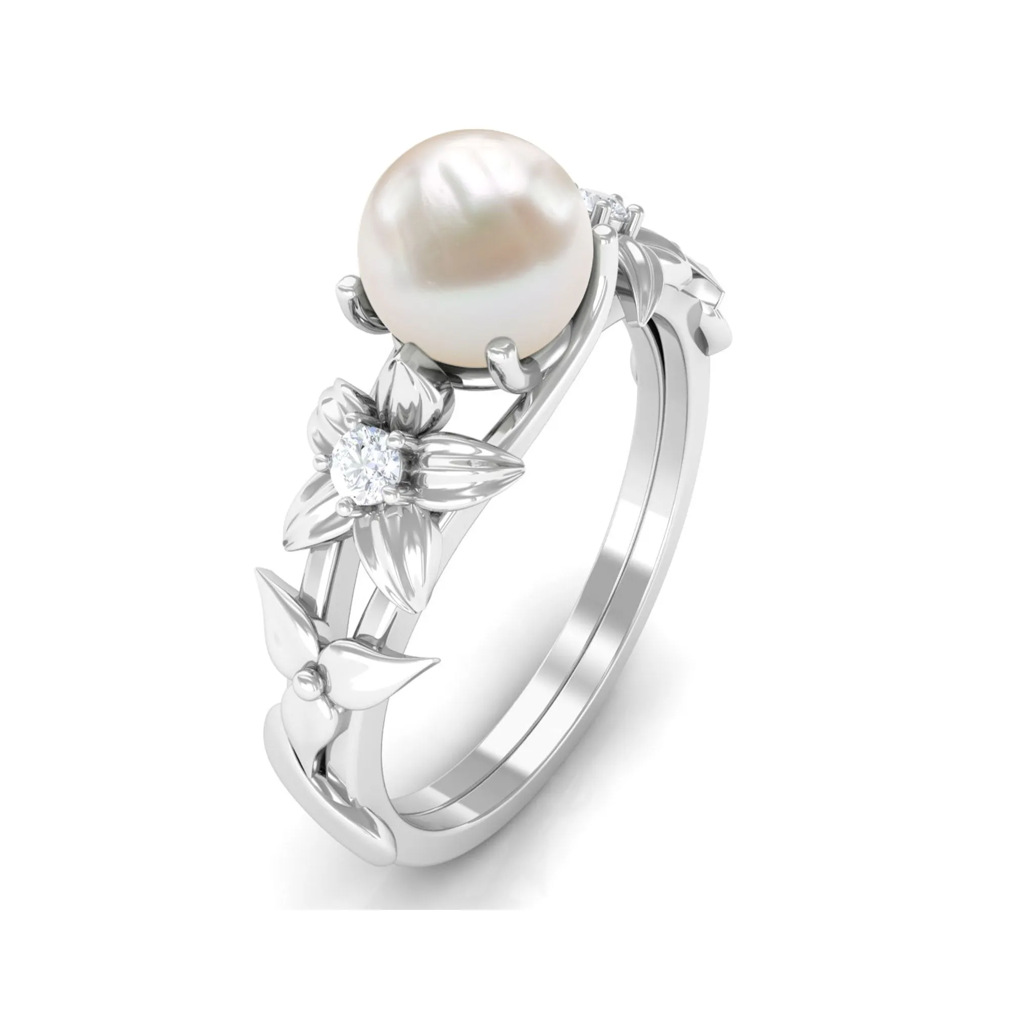 2.25 CT Freshwater Pearl Flower Band Ring with Diamond