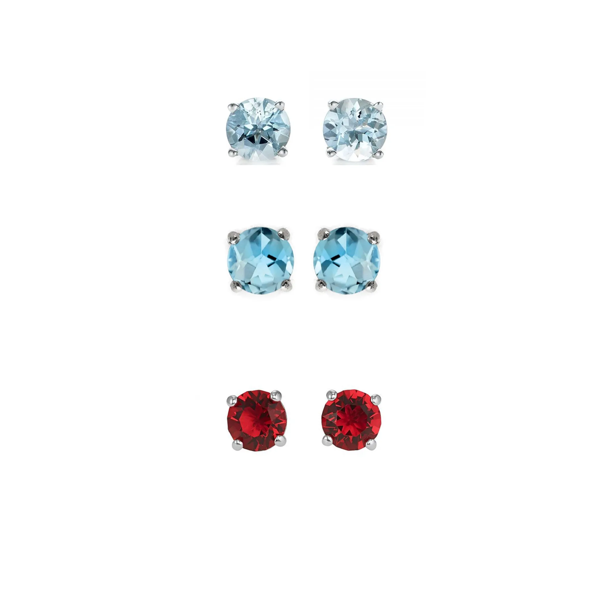 24k White Gold Plated 1Ct Created Aquamarine, Blue Topaz and Ruby 3 Pair Round Stud Earrings