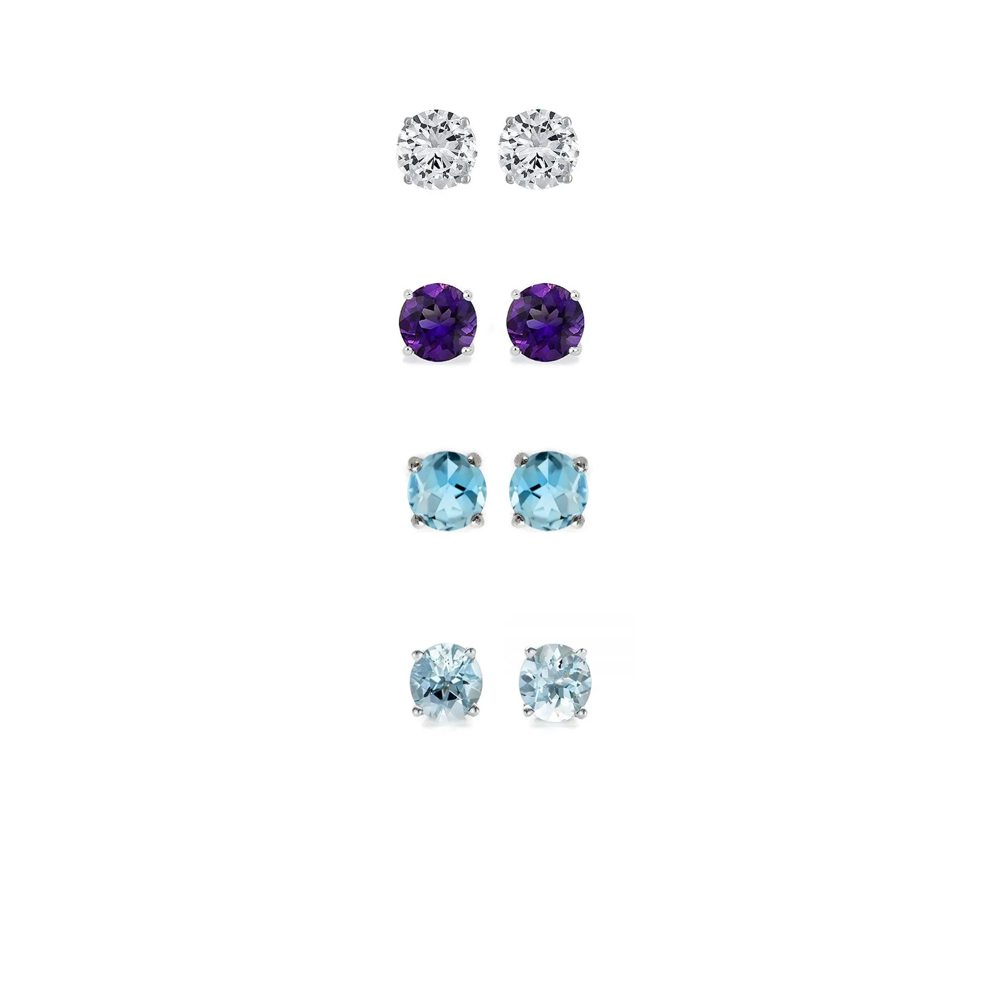 24k White Gold Plated 3Ct Created White Sapphire, Amethyst, Blue Topaz and Aquamarine 4 Pair Round Stud Earrings