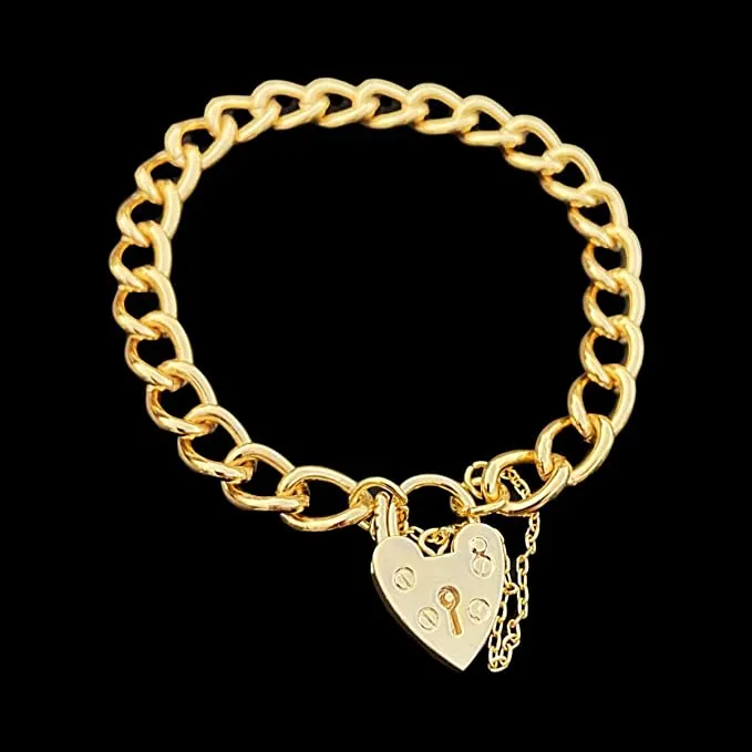 7mm Gold Filled Curb Bracelet Heart Padlock Charm 8 Inch