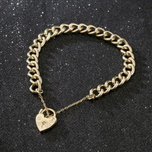 7mm Gold Filled Curb Bracelet Heart Padlock Charm 8 Inch