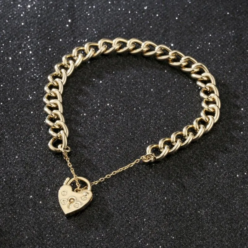 7mm Gold Filled Curb Bracelet Heart Padlock Charm 8 Inch