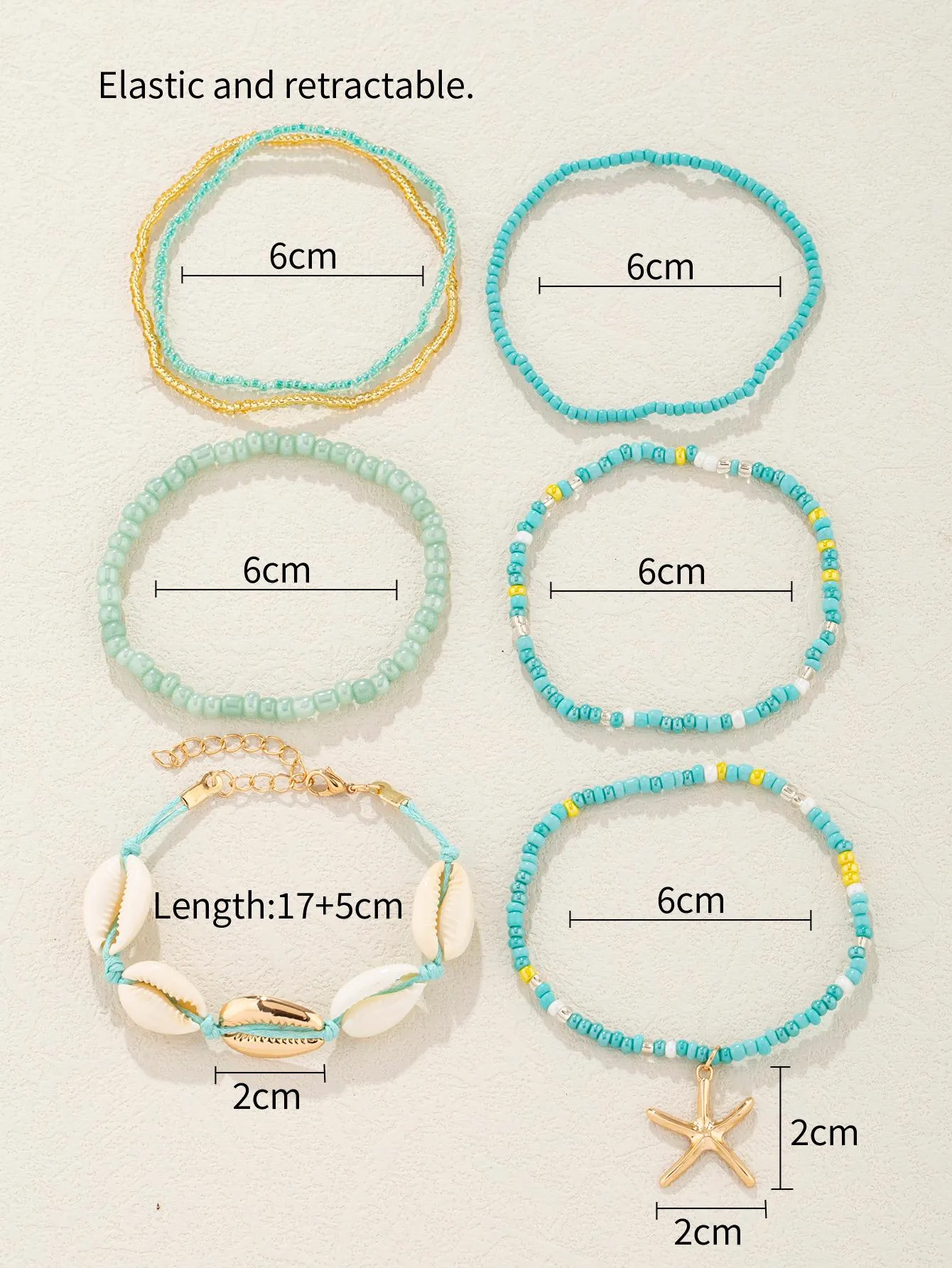 7pcs/set Shell Decor Water Blue Color Beaded Bracelet Women Bracelet Stackable