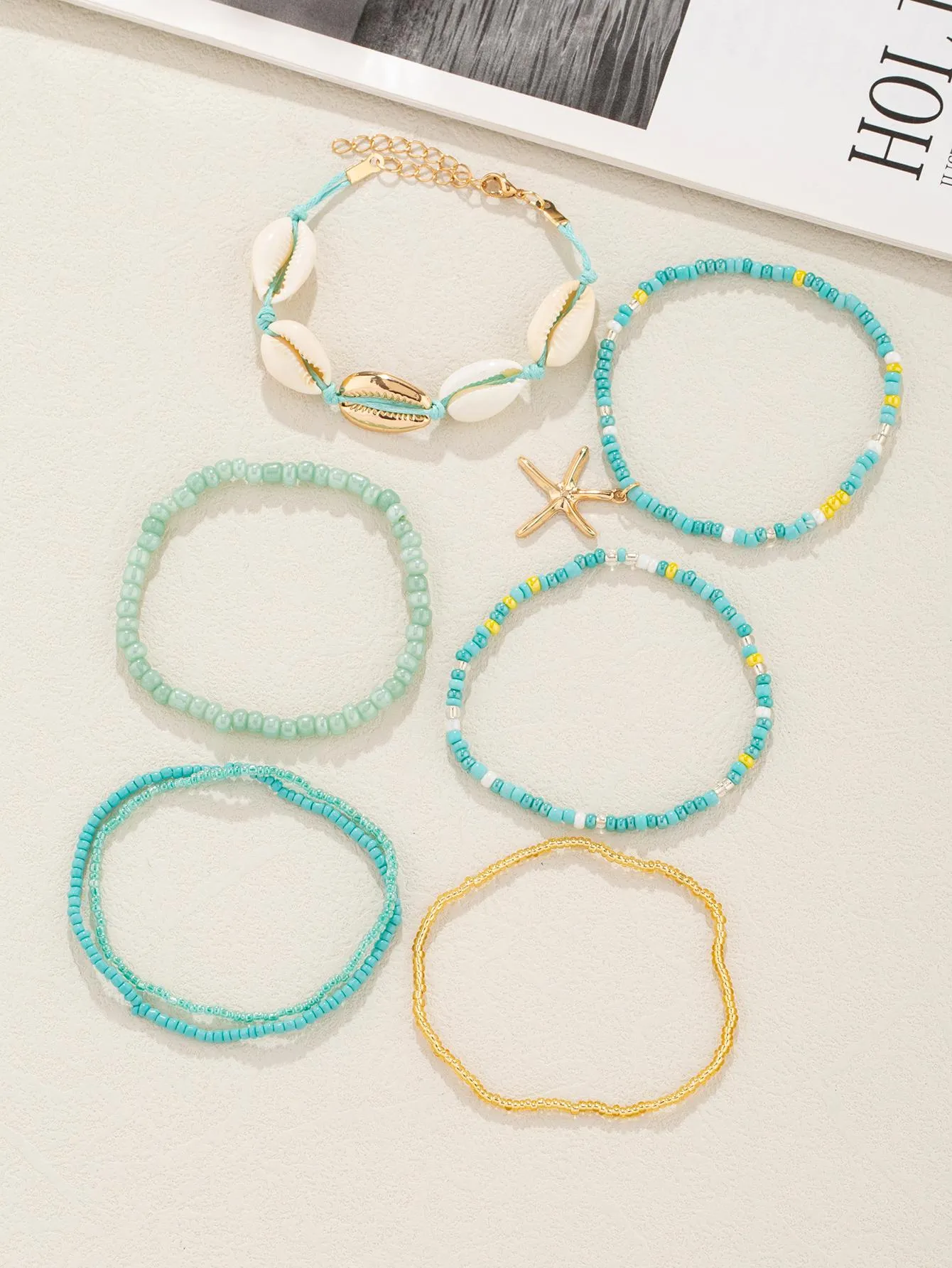 7pcs/set Shell Decor Water Blue Color Beaded Bracelet Women Bracelet Stackable