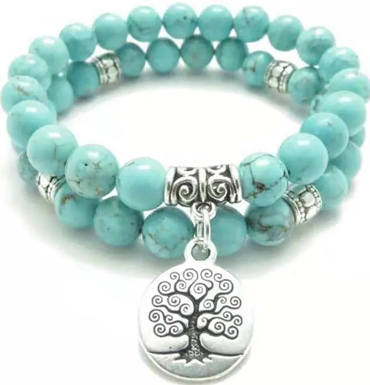 8mm Natural Blue Turquoise Hand String Tree Of Life Pendant Bracelet