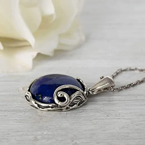 925 Sterling Silver Natural Lapis Necklace - 14mm Blue Lapis Lazuli Round Gemstone Pendant, December Birthstone Birthday Present - Unique Handmade Artisan Jewelry, Vintage Style Gift for Women