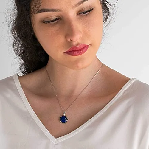 925 Sterling Silver Natural Lapis Necklace - 14mm Blue Lapis Lazuli Round Gemstone Pendant, December Birthstone Birthday Present - Unique Handmade Artisan Jewelry, Vintage Style Gift for Women