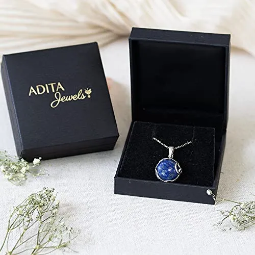 925 Sterling Silver Natural Lapis Necklace - 14mm Blue Lapis Lazuli Round Gemstone Pendant, December Birthstone Birthday Present - Unique Handmade Artisan Jewelry, Vintage Style Gift for Women