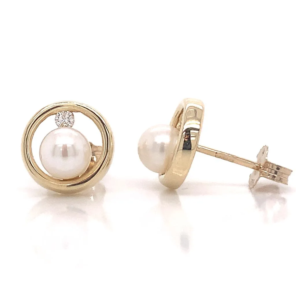 9ct Yellow Gold 5mm Pearl & 0.06ct Diamond Stud Earrings