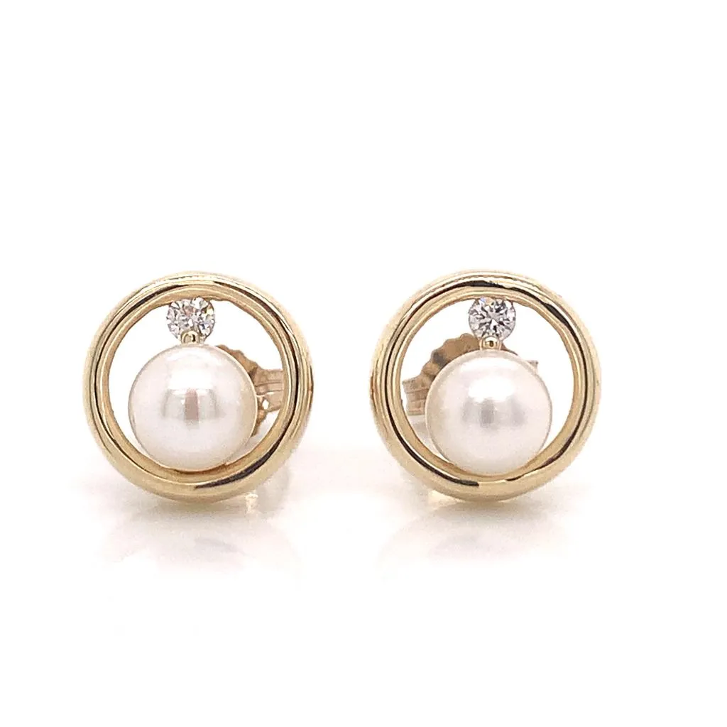 9ct Yellow Gold 5mm Pearl & 0.06ct Diamond Stud Earrings