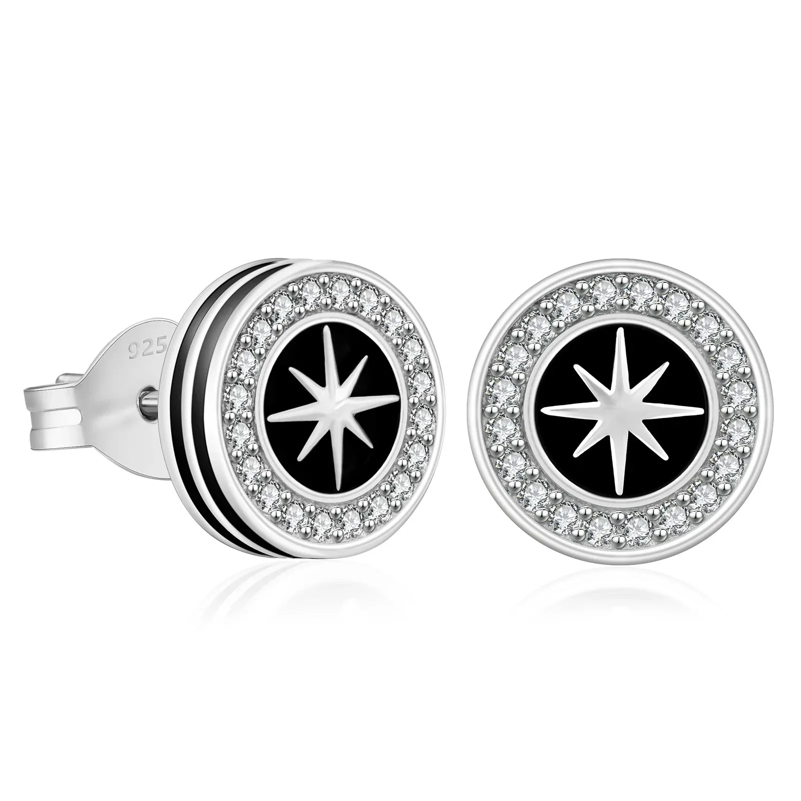 9mm Black Enamel Iced Diamond Stud Earrings - Sun