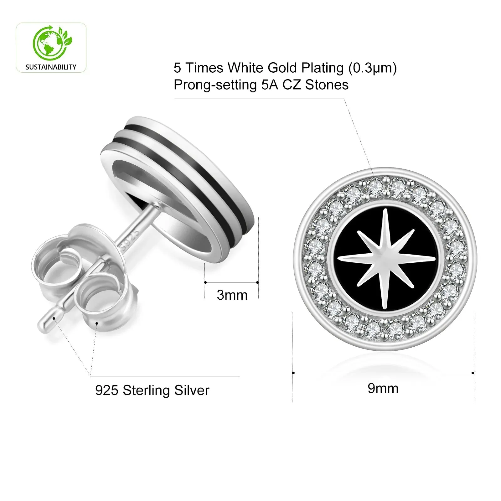 9mm Black Enamel Iced Diamond Stud Earrings - Sun