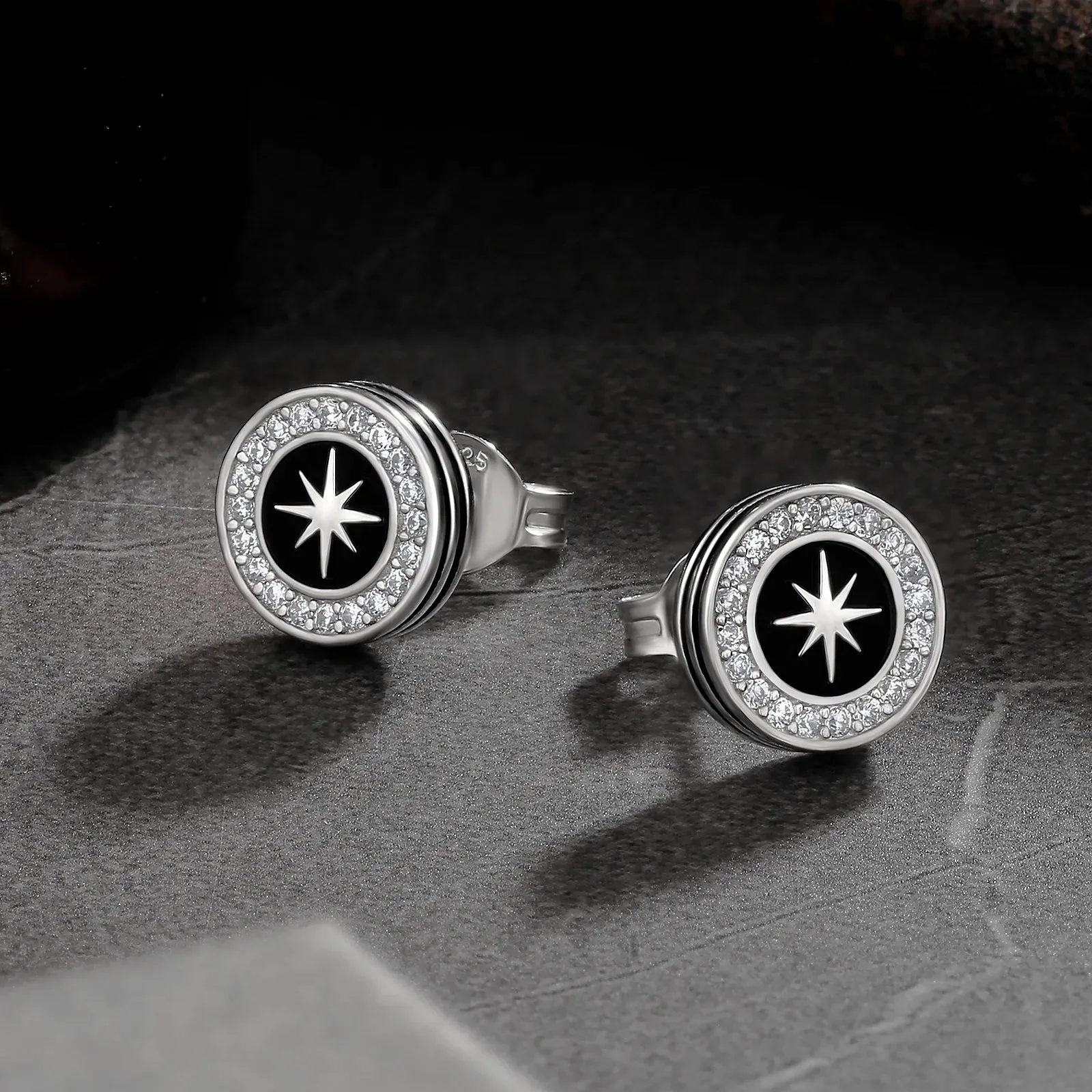 9mm Black Enamel Iced Diamond Stud Earrings - Sun