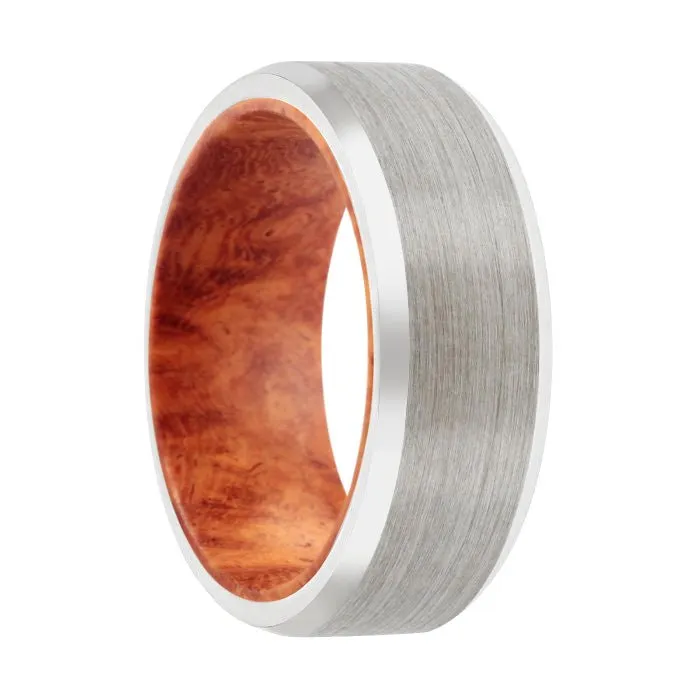 AKAKO | Red Burl Wood, Silver Tungsten Ring, Brushed, Beveled