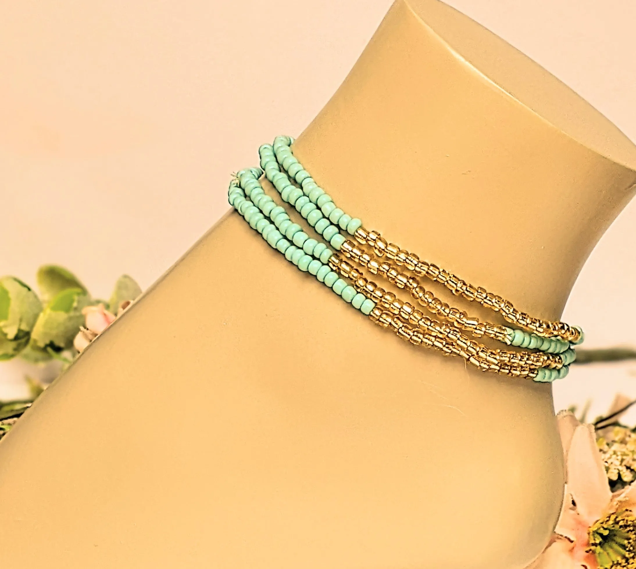 Beaded Stretch Cord Anklet-Turquoise Champagne