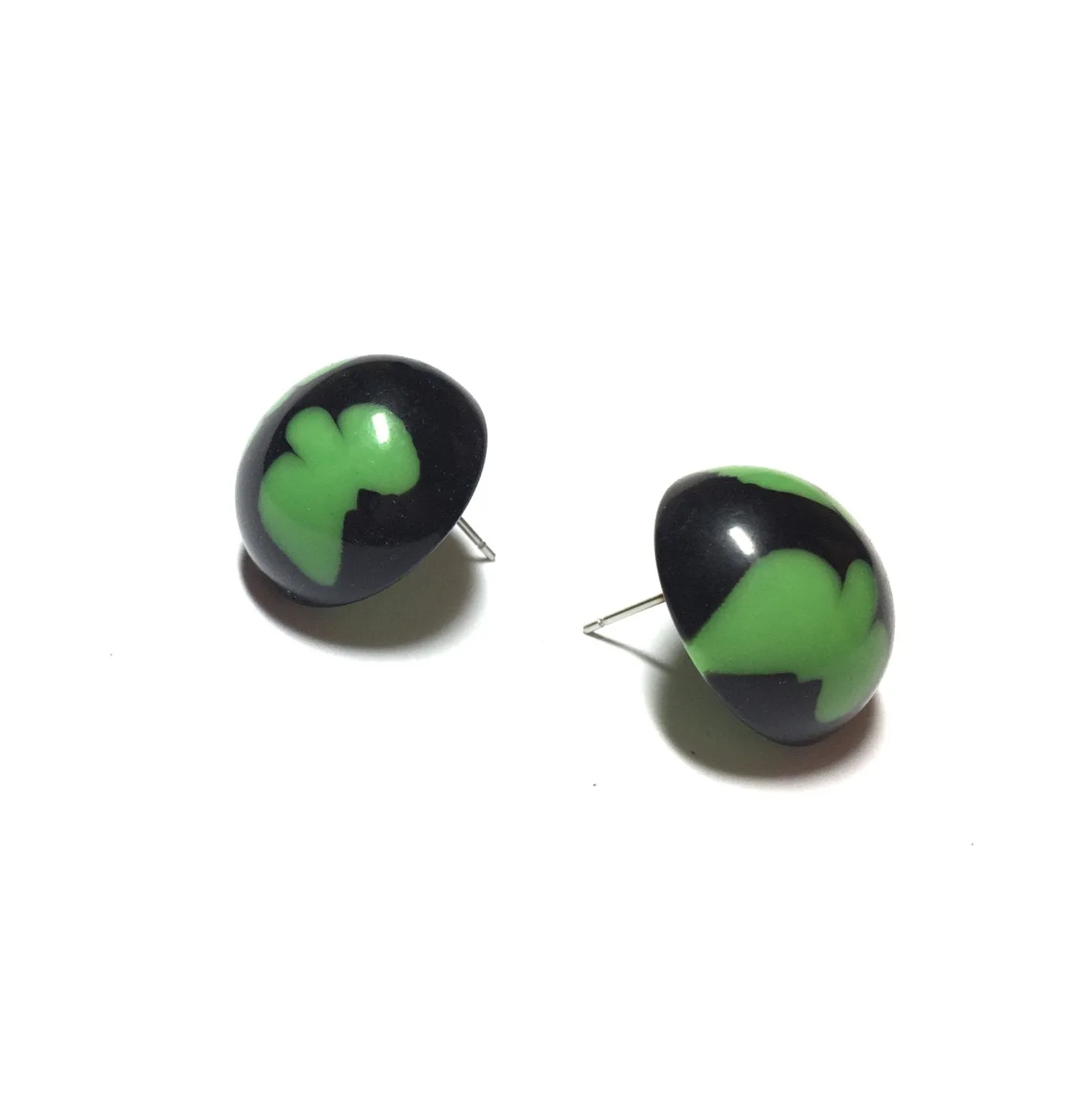 Black and Green Batik Pattern Retro Button Stud Earrings