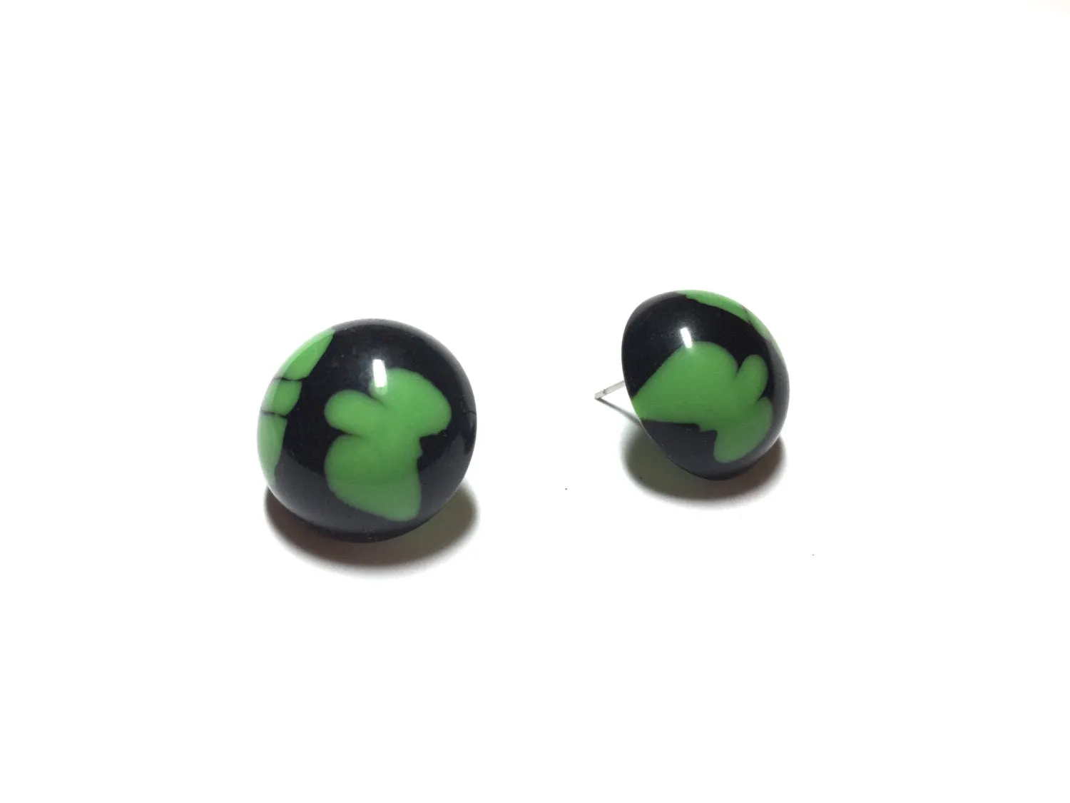 Black and Green Batik Pattern Retro Button Stud Earrings