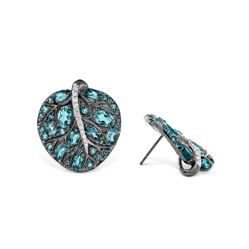 Botanical Leaf 25mm Earrings with Blue Topaz and Diamonds