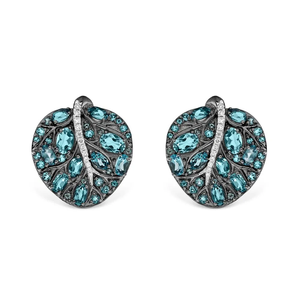 Botanical Leaf 25mm Earrings with Blue Topaz and Diamonds