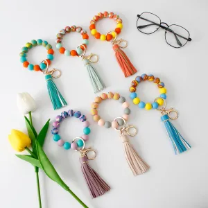 Candy-colored Silicone Beaded Tassel Wristlet Keychain Bracelets